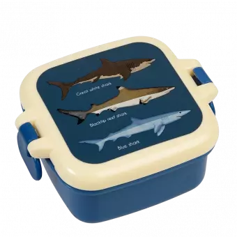 Dark blue snack pot with cream and dark blue lid featuring images of sharks