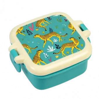 Turquoise plastic snack pot with cream and turquoise lid featuring illustrations of cheetahs