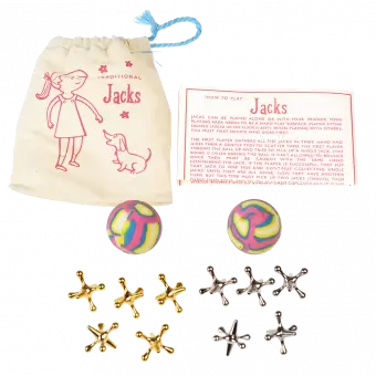 Traditional Jacks game contents five gold and five silver metal jacks, two swirly bouncy balls, instruction sheet, cotton bag