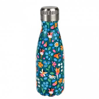 Small dark blue stainless steel water bottle with silver lid featuring fairies amongst flowers