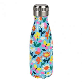Small light blue stainless steel water bottle with silver lid featuring butterflies amongst flowers