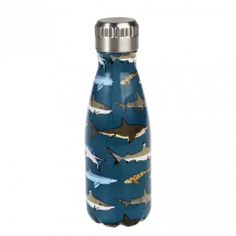 Small dark blue stainless steel water bottle with silver lid featuring pictures of sharks