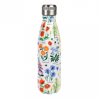 Medium size white stainless steel water bottle with silver lid featuring wild flower pattern