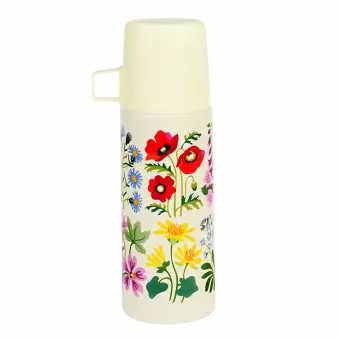 Small white stainless steel flask with cream plastic cup featuring wild flower pattern