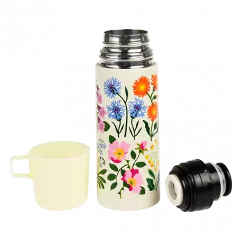 Wild Flowers flask with cup removed and lid unscrewed