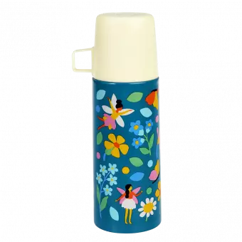 Small dark blue stainless steel flask with cream plastic cup featuring fairies amongst flowers