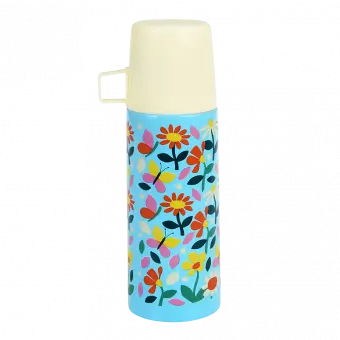 Small light blue stainless steel flask with cream plastic cup featuring butterflies amongst flowers