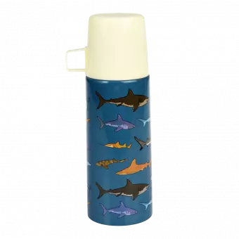 Small dark blue stainless steel flask with cream plastic cup featuring pictures of sharks