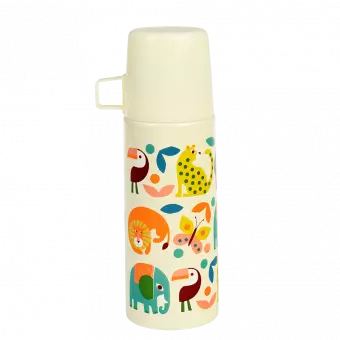 Small white stainless steel flask with cream plastic cup featuring colourful illustrations of wild animals