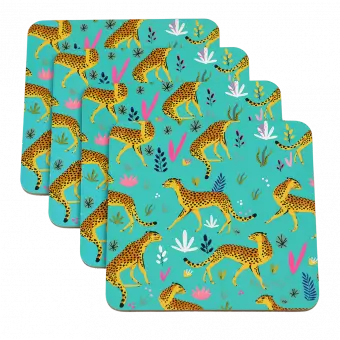 Four turquoise wood and cork coasters featuring cheetah pattern