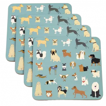 Four blue-green wood and cork coasters featuring dog pattern