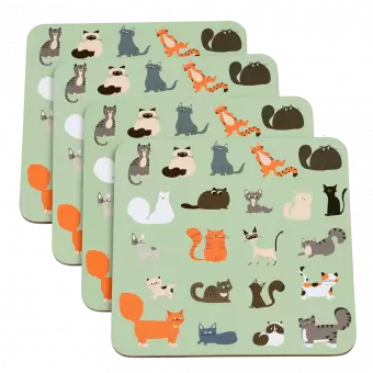 Four light green wood and cork coasters featuring cat pattern
