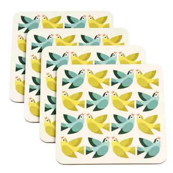 Four cream wood and cork coasters featuring bird pattern