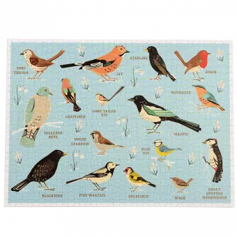 Completed 1000 piece jigsaw puzzle with illustrations of various garden birds