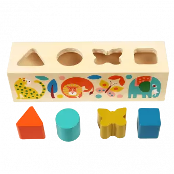 Wooden shape sorter toy with images of cheetah lion butterfly elephant