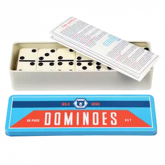 Wild Bear dominoes tin with lid removed to show instruction sheet and tiles