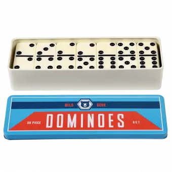 Wild Bear dominoes tin with lid removed to show tiles