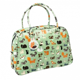 Light green oilcloth weekend bag with illustrations of cats