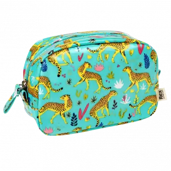 Turquoise oilcloth makeup bag with print of cheetahs