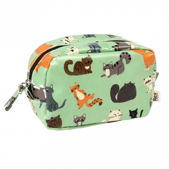 Light green oilcloth makeup bag with illustrations of cats
