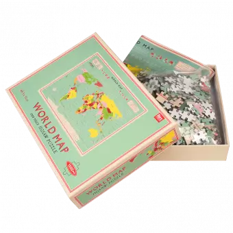 World Map puzzle pieces and guide sheet in box
