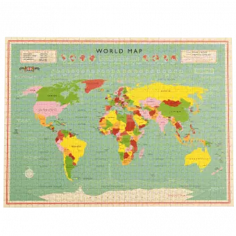 Completed 1000 piece jigsaw puzzle with print of world map