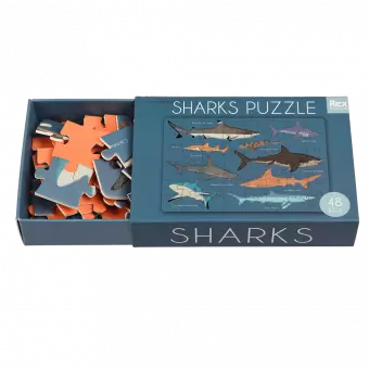 Shark puzzle pieces inside box