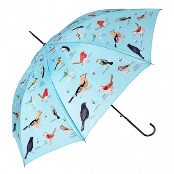 Light blue umbrella with print of garden birds open
