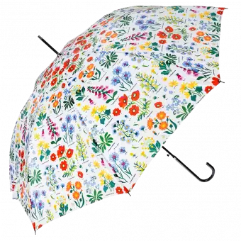 White umbrella with wild floral print open