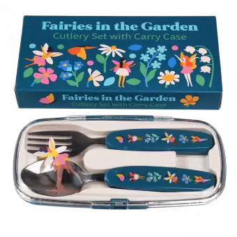 Stainless steel fork and spoon with dark blue plastic handles featuring print of fairies and flowers in plastic carry case