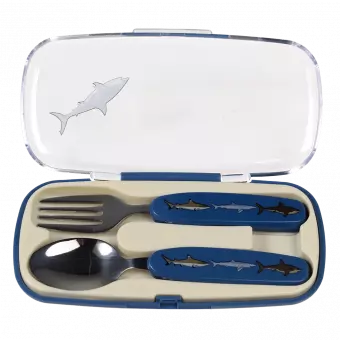 Sharks cutlery set in carry case with lid open