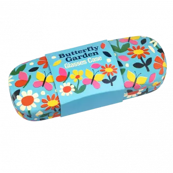 Light blue hardshell glasses case with print of butterflies amongst flowers