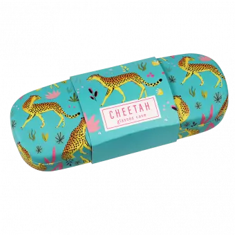 Turquoise hardshell glasses case with print of cheetahs