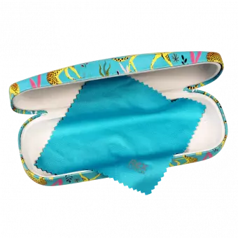 Cheetah glasses case open with included cleaning cloth in blue