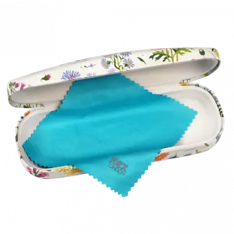 Wild Flowers glasses case open with included cleaning cloth in blue