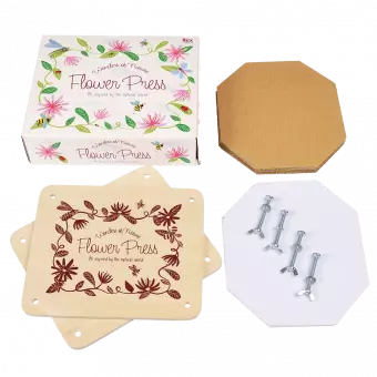Components of flower press: press plates, sheets of card and paper, nuts and bolts