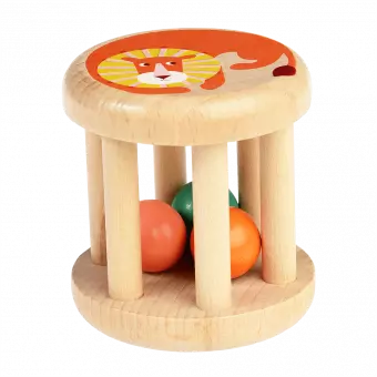 Wooden baby rattle with lion showing on top