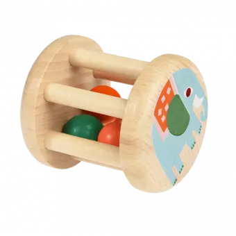 Wooden baby rattle on side with elephant showing