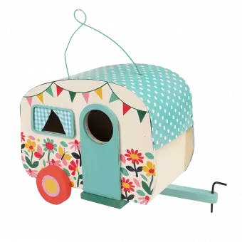 Wooden birdhouse in shape of caravan with print of butterflies and flowers