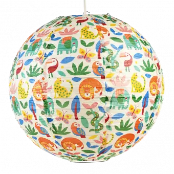 Paper lampshade with illustrations of wild animals fully assembled and hung from light fitting