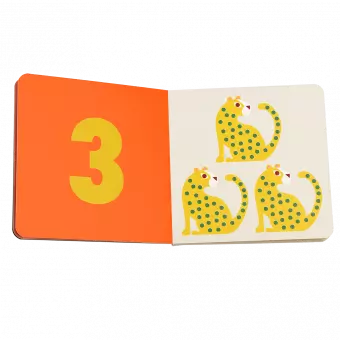 First book of numbers pages with number 3 and graphics of cheetahs