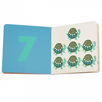 First book of numbers pages with number 7 and graphics of tortoises