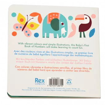 First book of numbers back cover with colourful graphics of wild animals