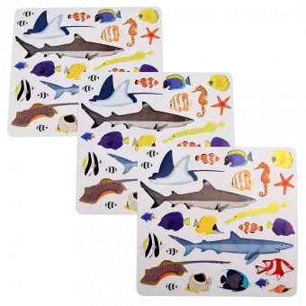 3 sheets with stickers of ocean creatures: sharks, rays, fish, etc.