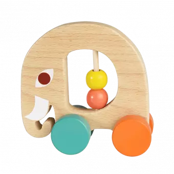 Multi-coloured wooden push along toy in shape of elephant with four wheels and two movable beads