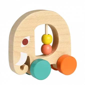 Multi-coloured wooden push along toy in shape of elephant with four wheels and two movable beads