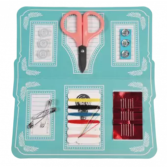 Sewing kit components: buttons, scissors, popper studs, safety pins, threads, needle threader and needles