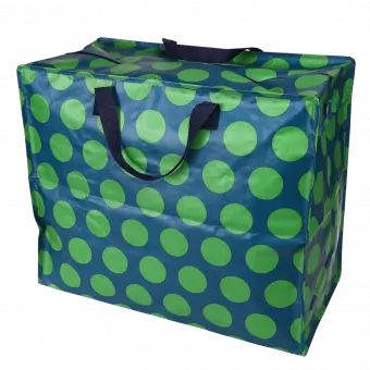 Recycled plastic jumbo storage bag in blue with green spots