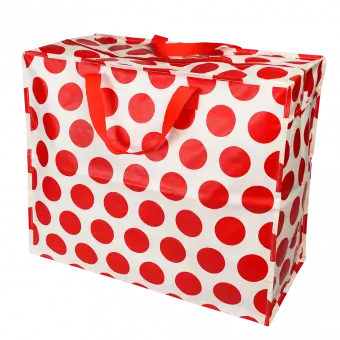 Recycled plastic jumbo storage bag in cream with red spots