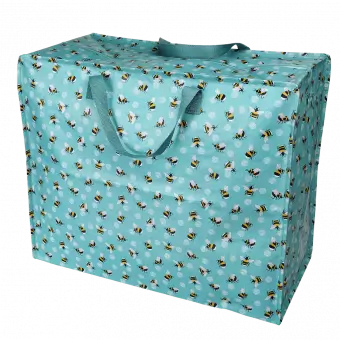 Recycled plastic jumbo storage bag in turquoise with print of bumblebees
